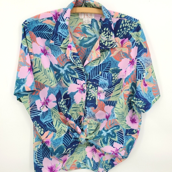 Vintage Tops - Vintage Tropical Floral Button Front Shirt